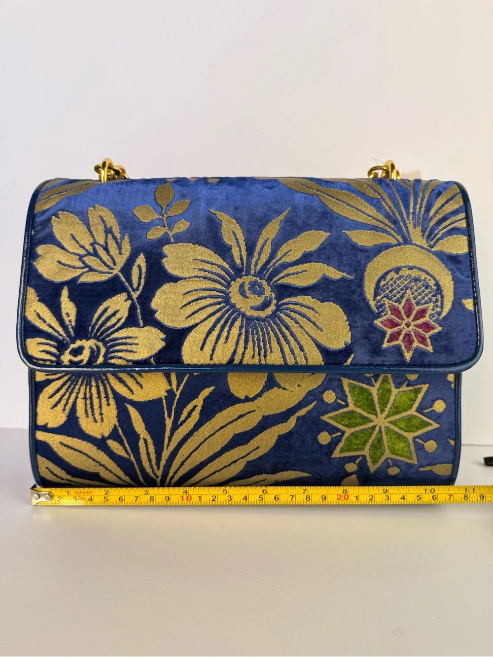 Tory Burch Cosmic Floral Velvet Shoulder Bag Blue Gold Chain $558